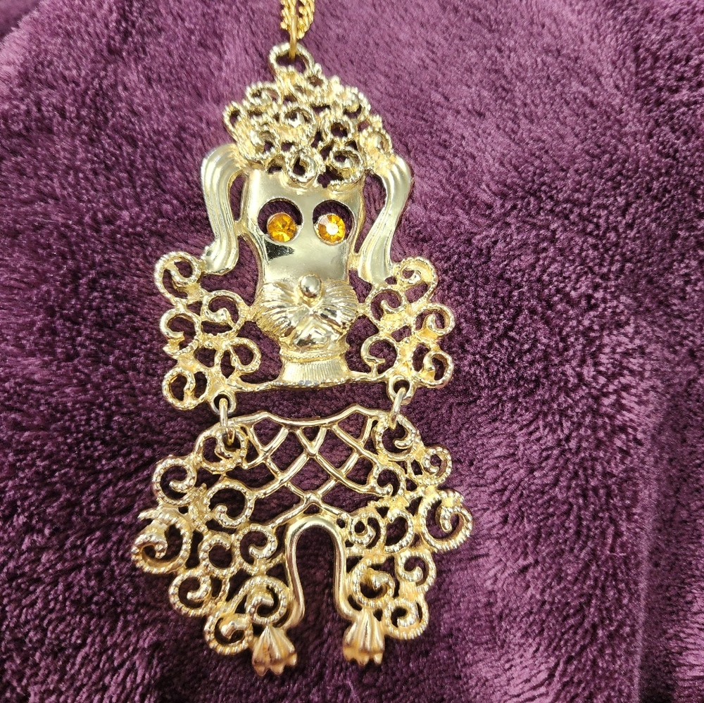Vintage Poodle dog large pendant necklace w chain